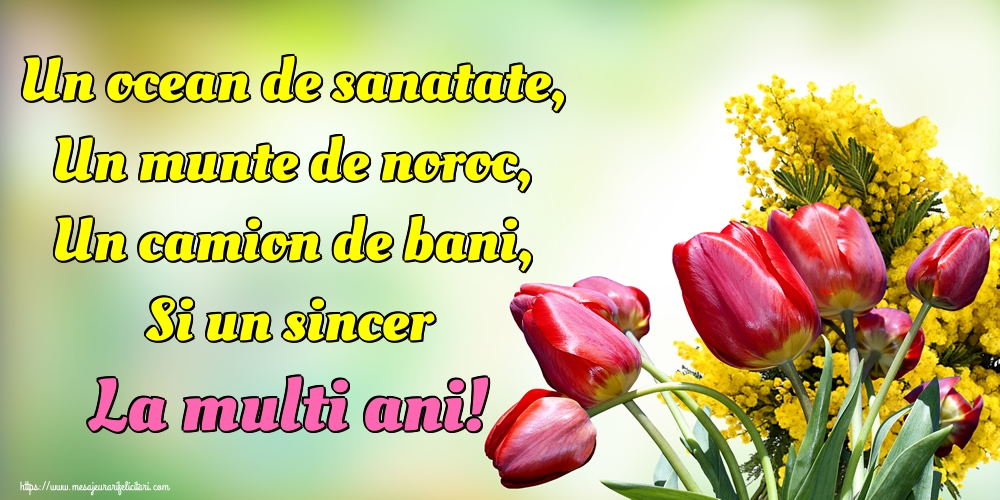 Felicitari aniversare De La Multi Ani - Un ocean de sanatate, Un munte de noroc, Un camion de bani, Si un sincer La multi ani!
