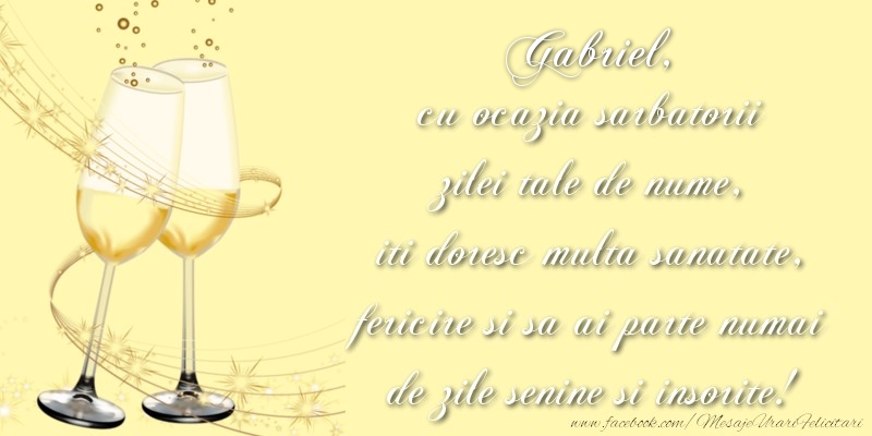 Felicitari aniversare De Sfintii Mihail si Gavril - Gabriel cu ocazia sarbatorii zilei tale de nume, iti doresc multa sanatate, fericire si sa ai parte numai de zile senine si insorite!