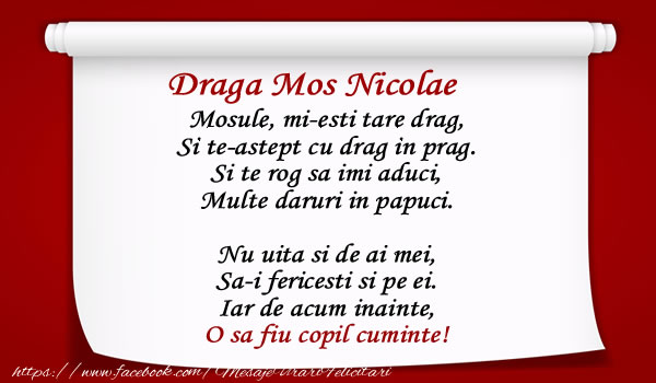 Felicitari aniversare De Sfantul Nicolae - Draga Mos Nicolae