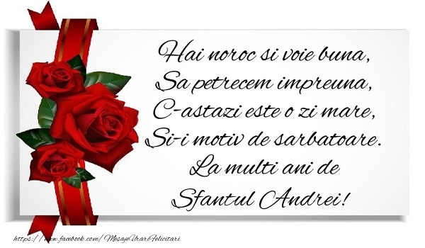 Felicitari aniversare De Sfantul Andrei - Hai noroc si voie buna, Sa petrecem impreuna, C-astazi este o zi mare, Si-i motiv de sarbatoare. La multi ani de Sfantul Andrei!