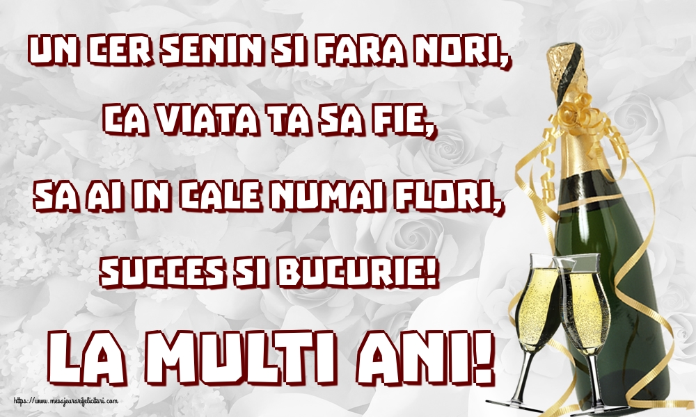 Felicitari aniversare De Zi De Nastere - Un cer senin si fara nori, Ca viata ta sa fie, Sa ai in cale numai flori, Succes si bucurie! La Multi Ani!
