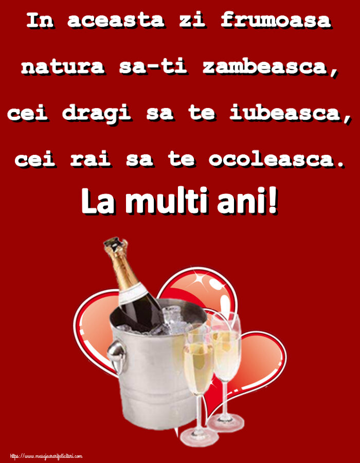 Felicitari aniversare De Zi De Nastere - In aceasta zi frumoasa natura sa-ti zambeasca, cei dragi sa te iubeasca, cei rai sa te ocoleasca. La multi ani!