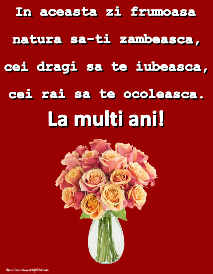 Felicitari aniversare De Zi De Nastere - In aceasta zi frumoasa natura sa-ti zambeasca, cei dragi sa te iubeasca, cei rai sa te ocoleasca. La multi ani!