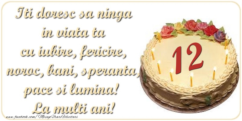 Iti doresc sa ninga in viata ta cu iubire, fericire, noroc, bani, speranta, pace si lumina! La multi ani! 12 ani