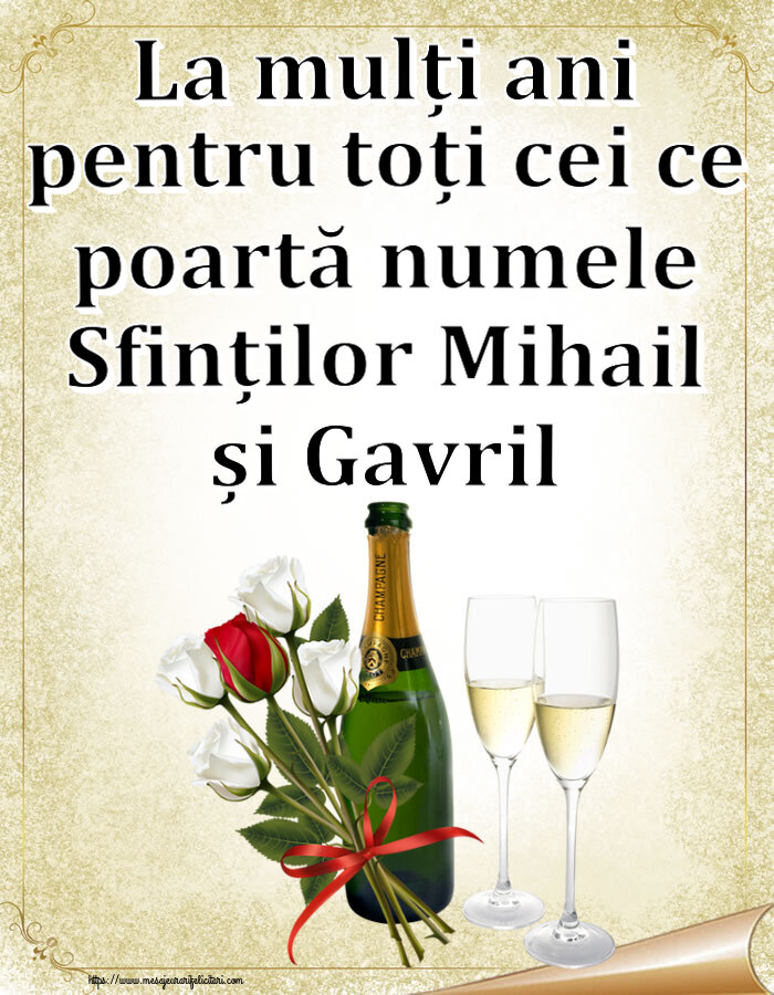 Felicitari aniversare De Sfintii Mihail si Gavril - La mulți ani pentru toți cei ce poartă numele Sfinților Mihail și Gavril ~ 4 trandafiri albi și unul roșu